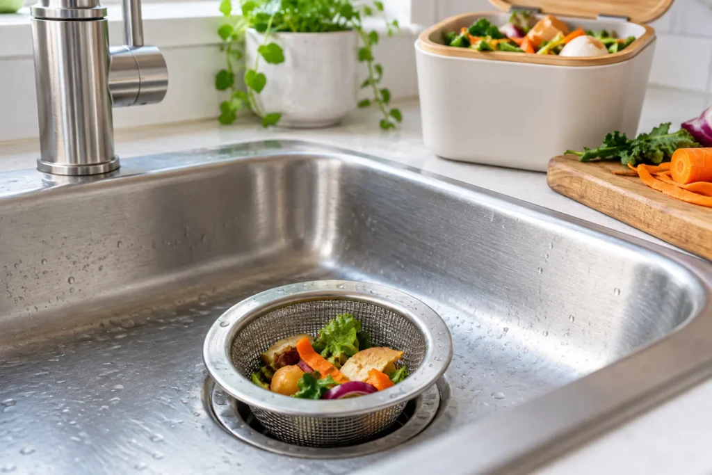 Fine mesh strainer in a clean kitchen sink catching food scraps