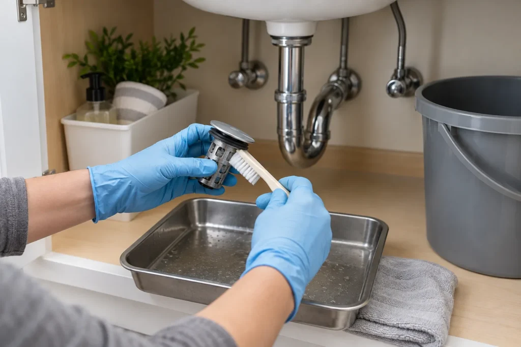 Gloved hands gently cleaning a removable sink stopper over a shallow tray