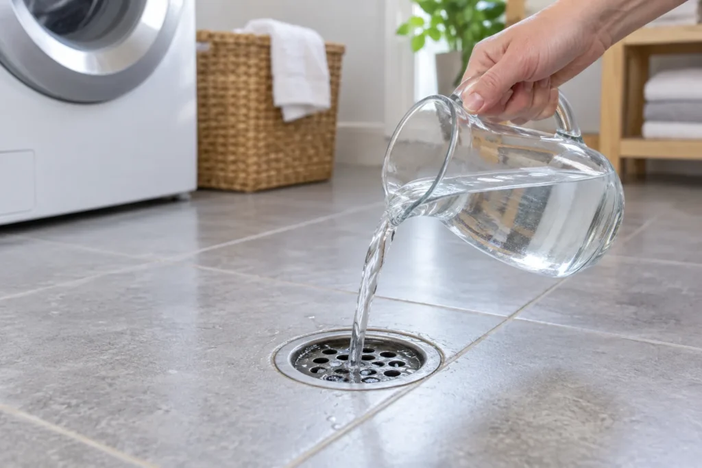 Hand pouring clean water into a seldom-used floor drain in a tidy laundry room