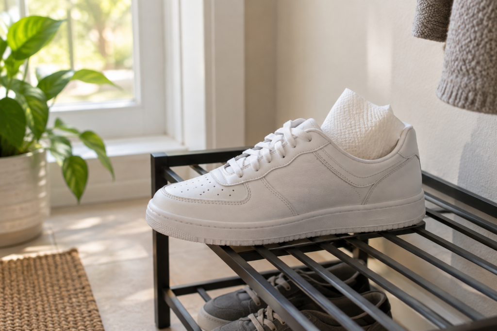 White sneaker air-drying on an indoor shoe rack