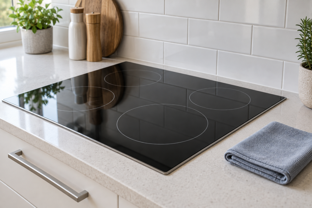 Dry microfiber cloth beside a clean ceramic glass cooktop