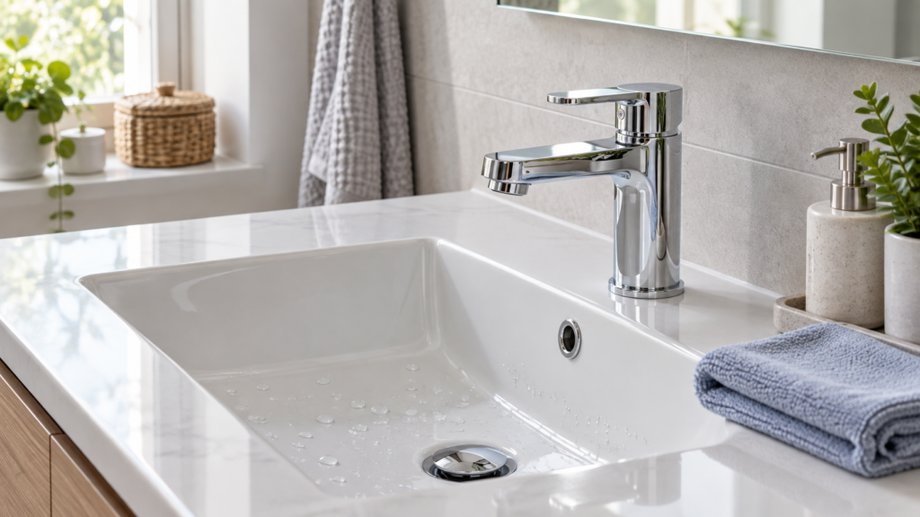 Clean dry chrome faucet beside a microfiber cloth