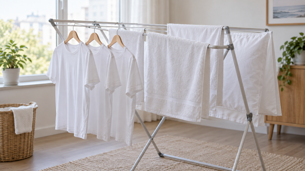 White shirts, towels and pillowcases drying on an indoor rack