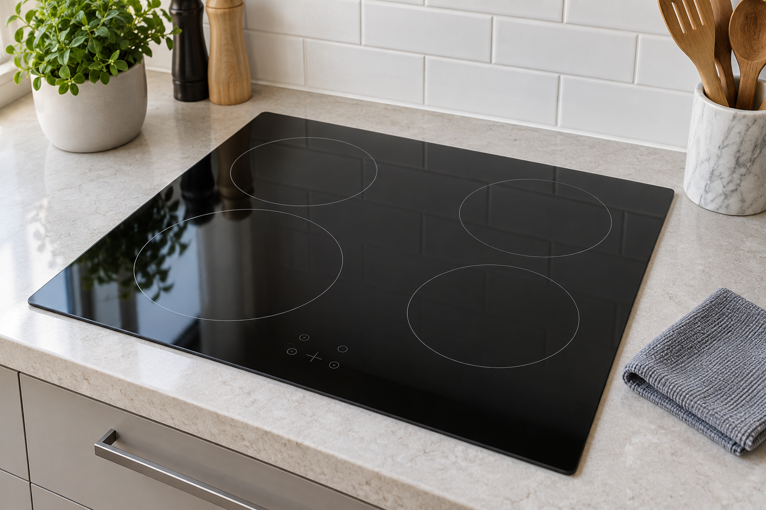 Clean black ceramic glass cooktop in a bright kitchen