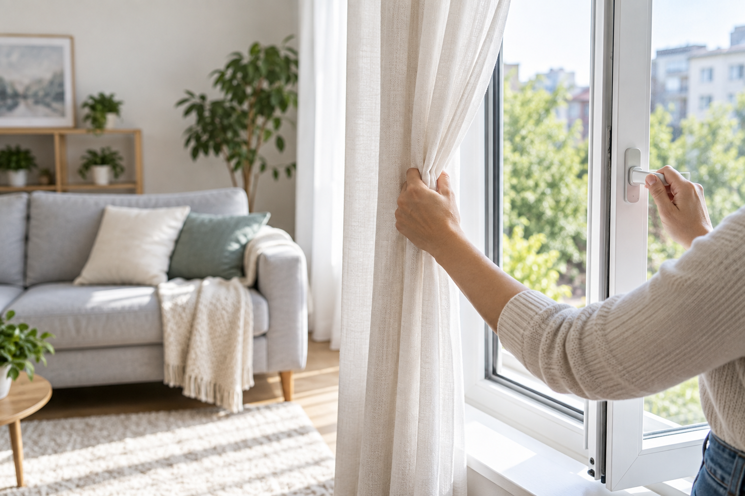 Open apartment window during a cigarette-odour cleanup