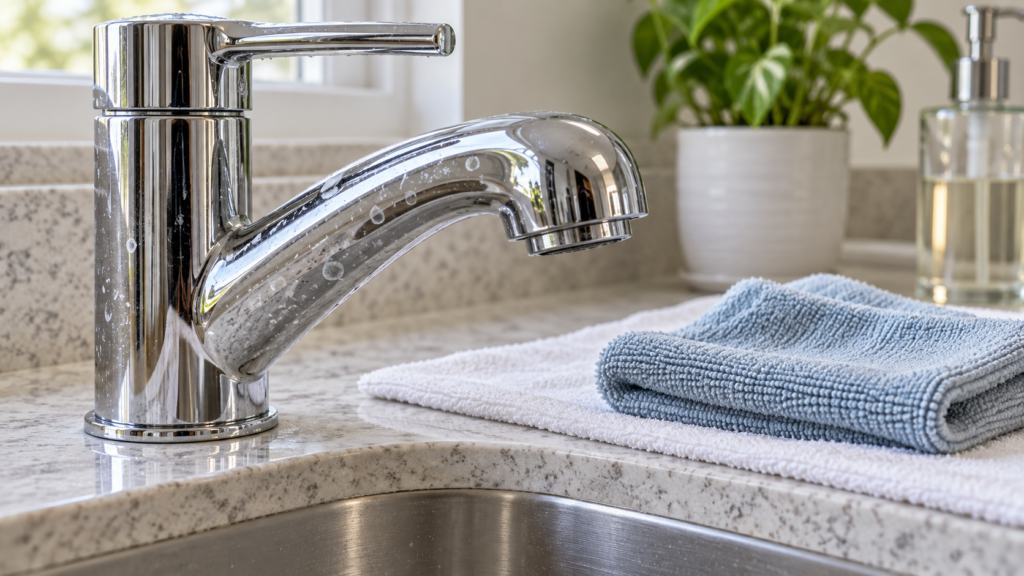 Chrome faucet with hard-water spots beside soft cloths