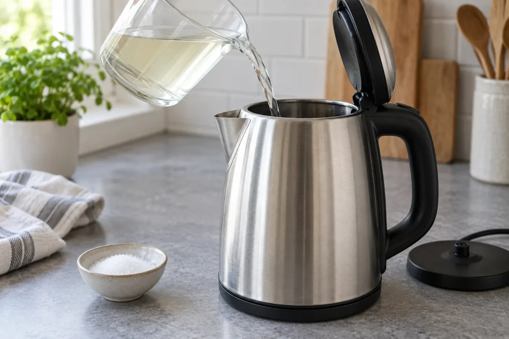 Citric-acid solution being poured into an unplugged stainless-steel electric kettle