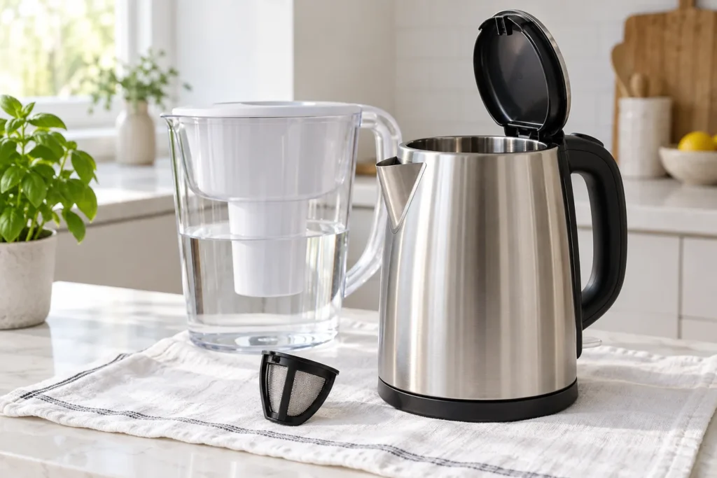 Clean dry electric kettle beside a water filter jug and removable mesh filter