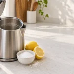 Open stainless-steel electric kettle with a light limescale ring beside citric acid and lemon