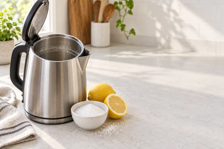 Open stainless-steel electric kettle with a light limescale ring beside citric acid and lemon