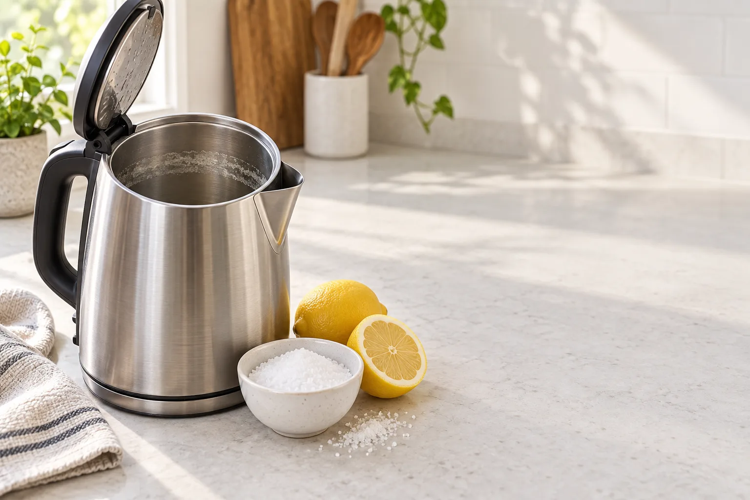 Open stainless-steel electric kettle with a light limescale ring beside citric acid and lemon