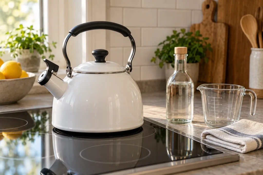 Cool white enamel stovetop kettle beside an unlabeled vinegar bottle and measuring jug