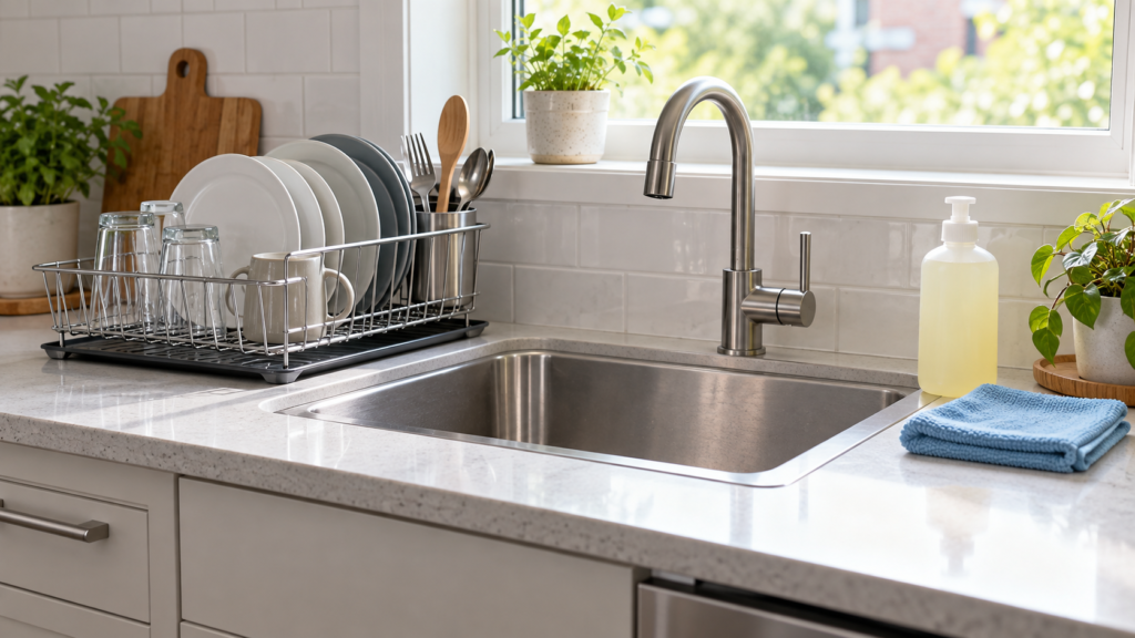 Tidy kitchen sink and counter with soft cloth and mild cleaner
