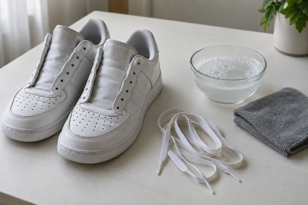White sneaker with removed laces beside a small bowl