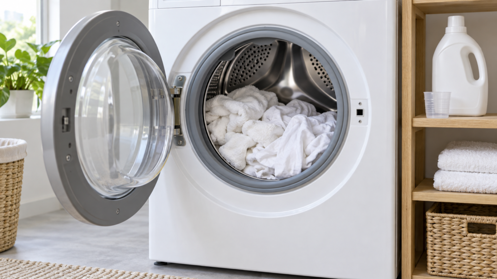 Moderate loose load of white laundry in an open washing machine