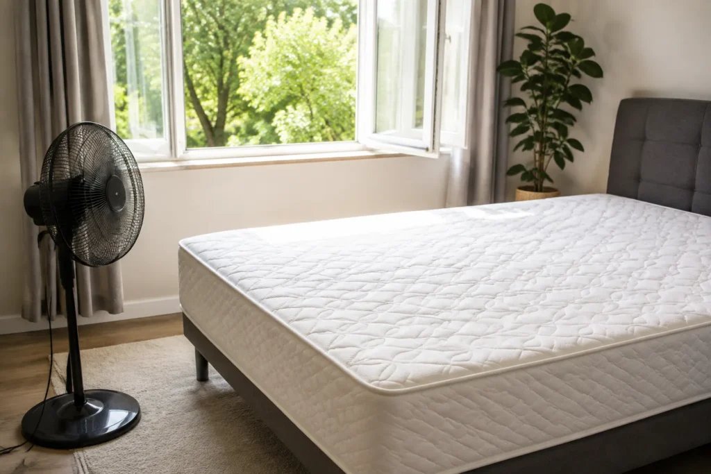 Bare white mattress air-drying beside an open window with a fan