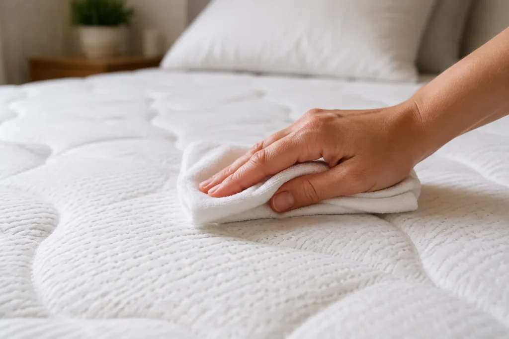 Hand gently blotting a mattress surface with a clean white cloth