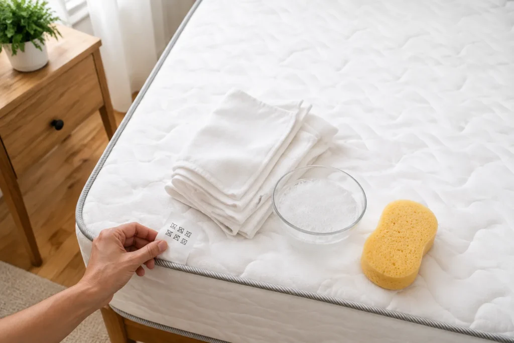 Mattress care label, white cloths, a sponge and a bowl of mild soapy water on a clean mattress