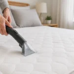 Person vacuuming a clean white mattress with an upholstery attachment