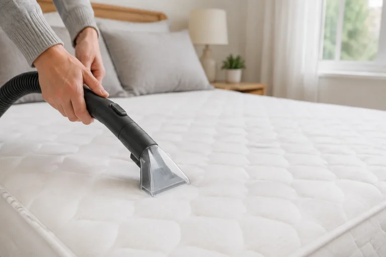 Person vacuuming a clean white mattress with an upholstery attachment