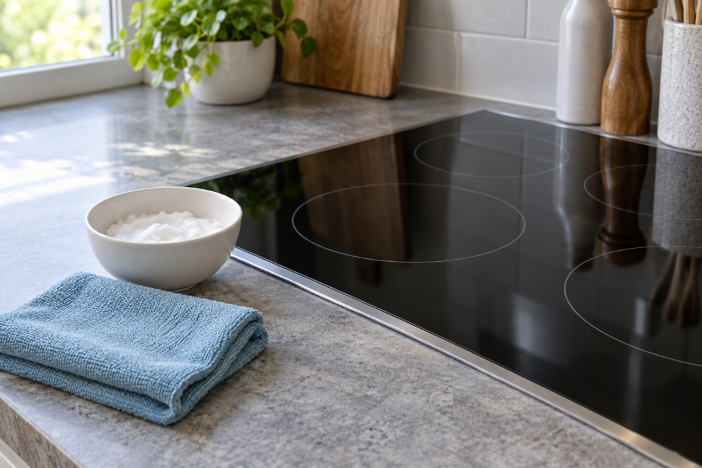 Mild cleaning paste and microfiber cloth beside a cooktop