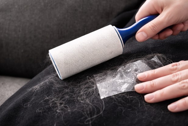 Lint roller and packing tape lifting pet hair from a dark cushion