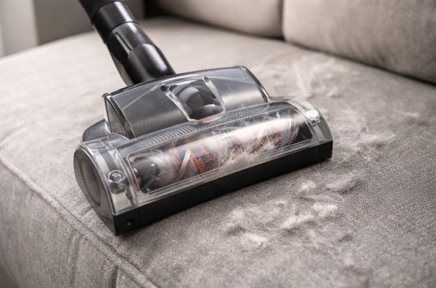 Motorized upholstery brush vacuuming pet hair from a light-gray sofa cushion