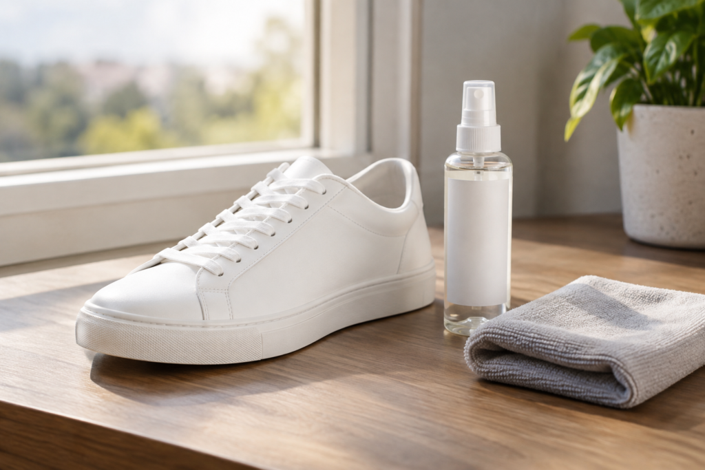 White sneaker beside a care spray and soft cloth