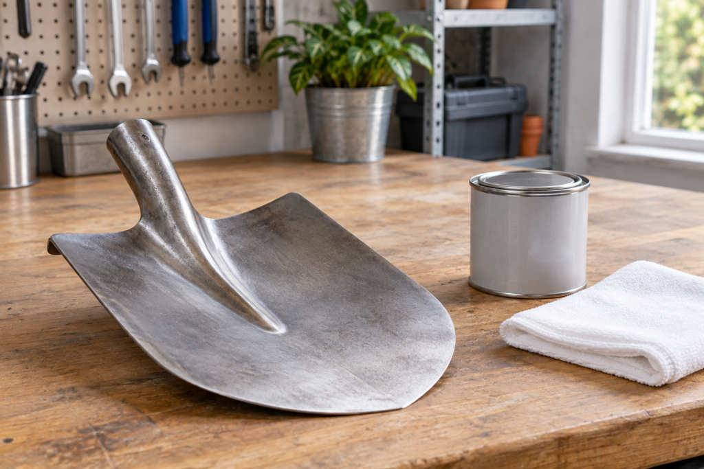Cleaned steel garden tool beside protective primer