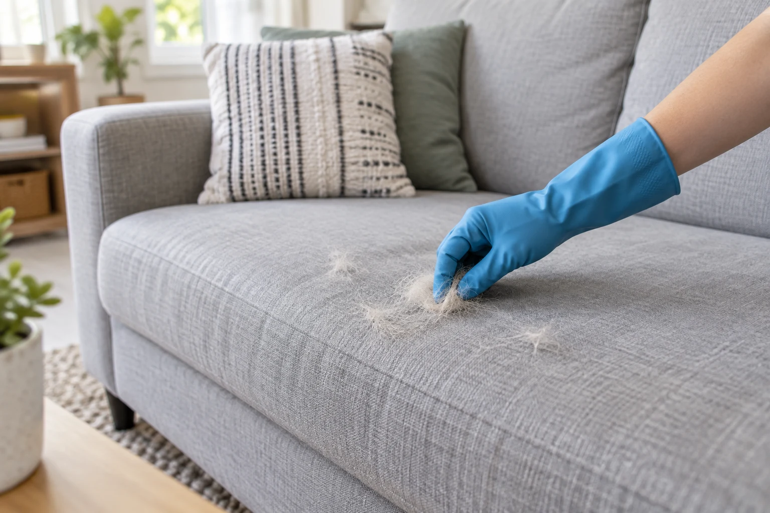 Blue rubber-gloved hand lifting pale pet hair from a light-gray fabric sofa
