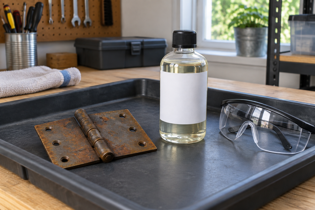 Rust remover beside a metal hinge and safety glasses