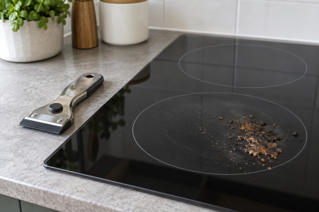 Ceramic cooktop scraper beside a cooled glass surface
