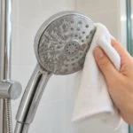 Showerhead with light mineral deposits being wiped with a soft cloth