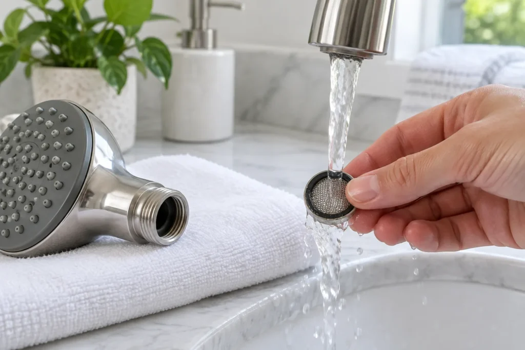 Removable showerhead filter screen rinsed under clean water