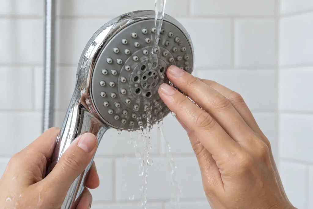 Flexible shower nozzles being gently rubbed
