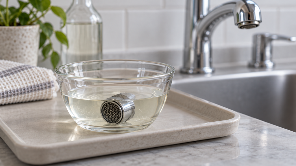 Detached faucet aerator soaking in a glass bowl on a tray