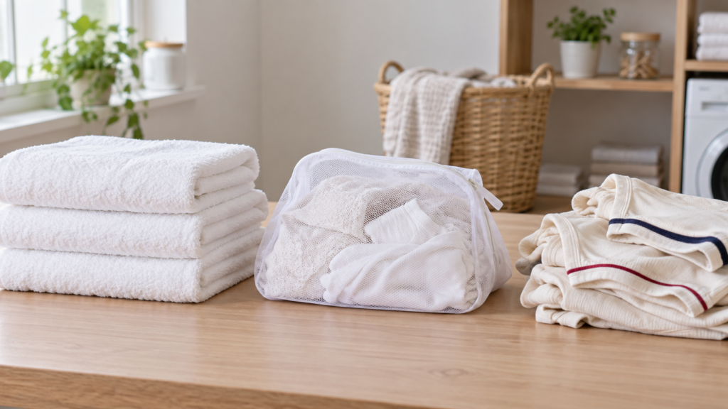 White laundry sorted into towels, delicates and coloured-trim groups