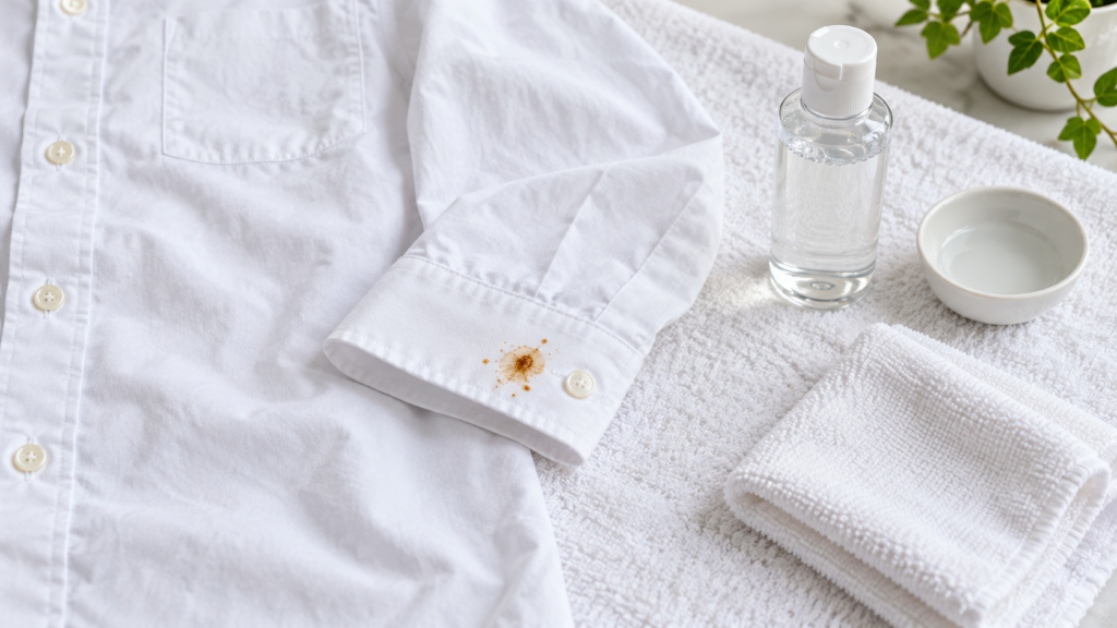 Small food stain on the cuff of a white cotton shirt
