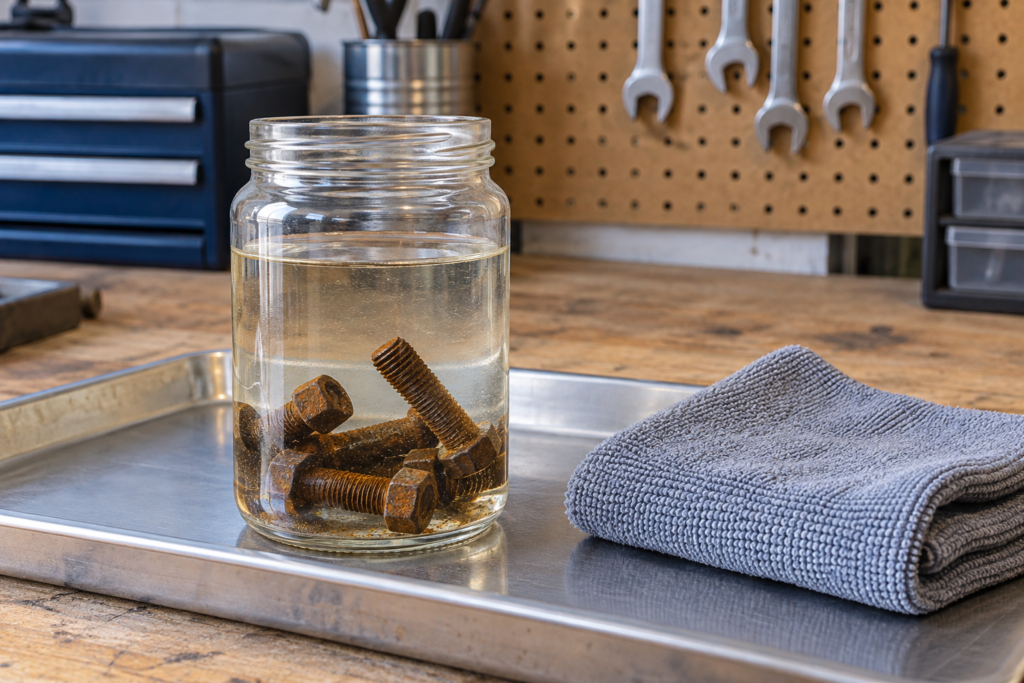 Steel bolts soaking in white vinegar